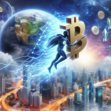 Bitcoin flies over a city while a caped man looks on, representing the potential of AI trading technology.